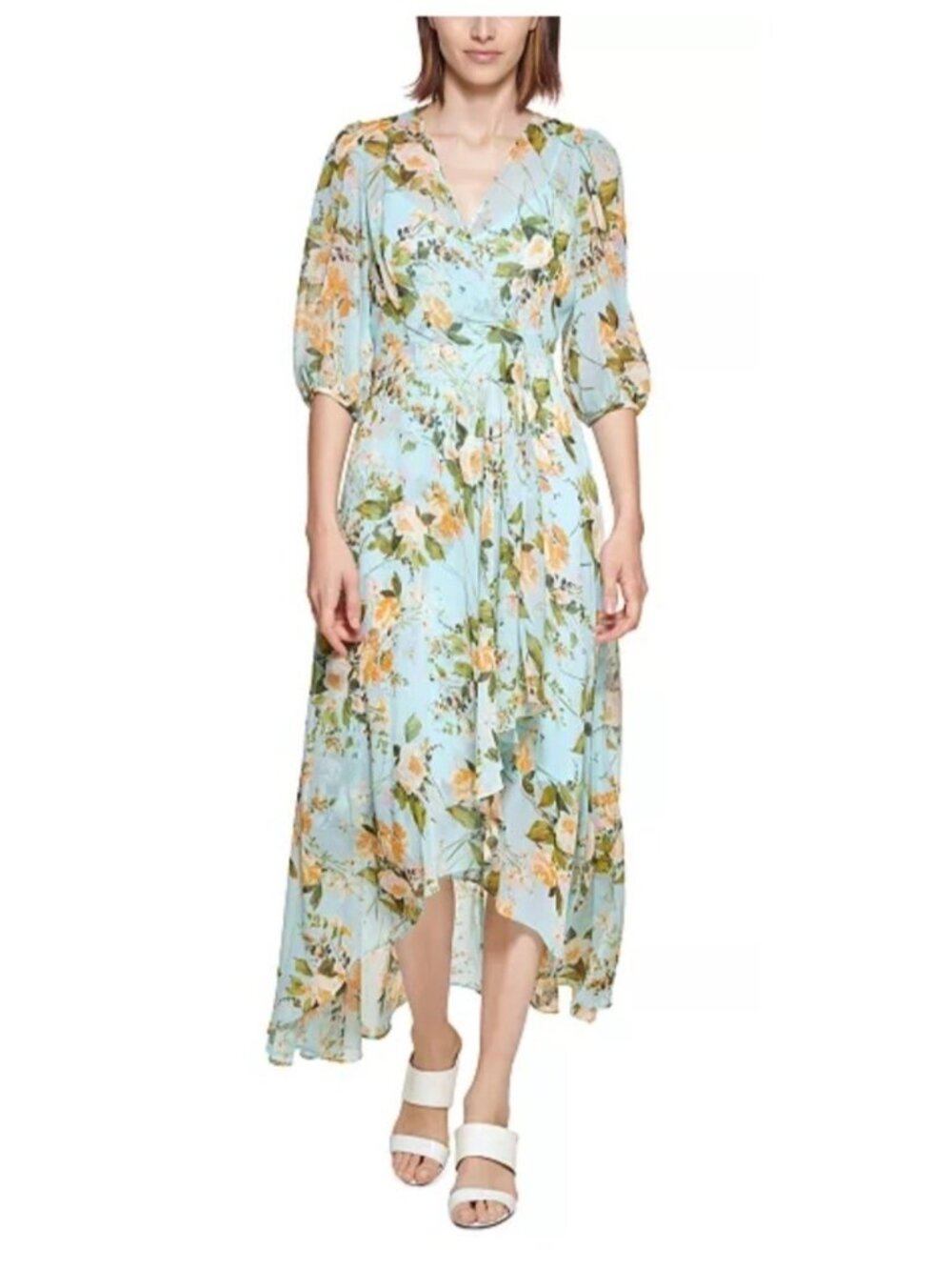 Floral Print Calvin Klein V-Neck Maxi Dress With Puff Sleeves High-Low Hem SZ 12